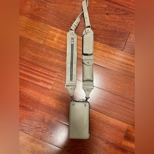 Bandolier Billie Crossbody strap in Greige with mathing Grace expanded pounch